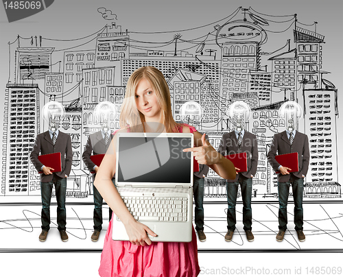 Image of woman and lamp head businesspeople with laptop