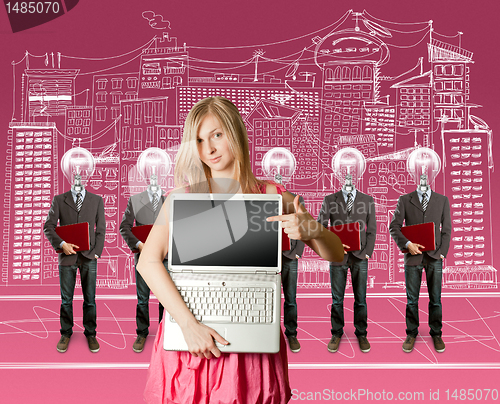 Image of woman and lamp head businesspeople with laptop