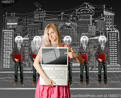 Image of woman and lamp head businesspeople with laptop