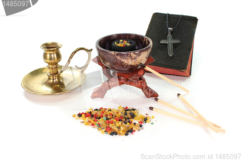 Image of incense with incense bowl and the Bible