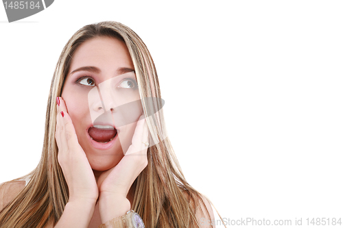 Image of Closeup of a happy young woman surprised 