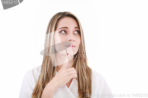 Image of Thinking woman looking up, isolated on white