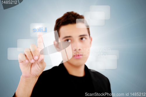Image of teenager touch finger copy space pad with hand