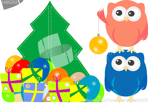 Image of owl family on Merry Christmas Greeting Card