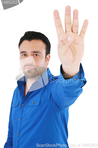 Image of young good looking man with counting fingers against white backg