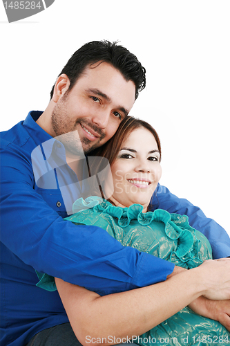 Image of Young love couple smiling. Over white background 