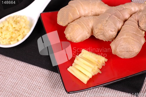 Image of Ginger hand with minced and sliced ginger