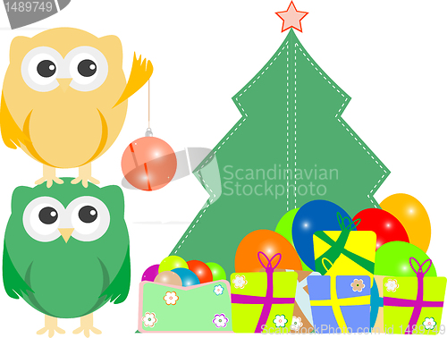 Image of owl family with christmas tree, balls, balloons and gift boxes