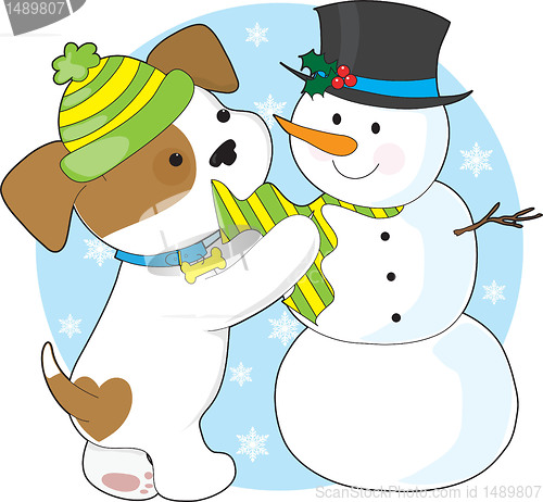 Image of Cute Puppy and Snowman