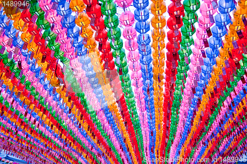 Image of Colorful lanterns in buddhist temple for celebration Buddha's bi