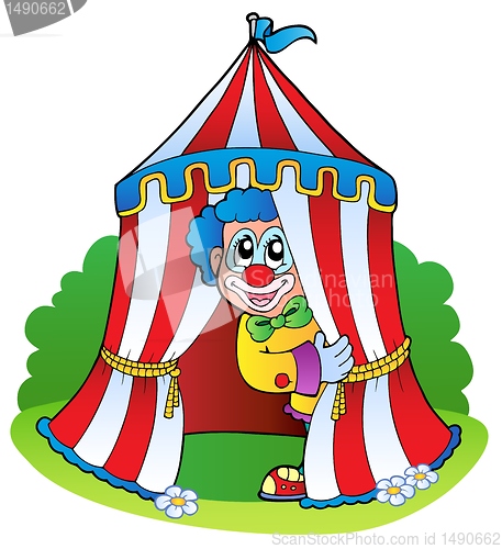 Image of Cartoon clown in circus tent