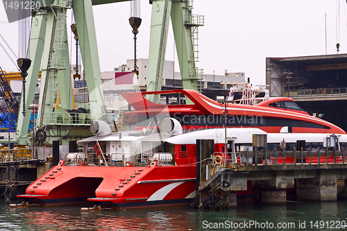 Image of Catamaran ferry in maintain harbor