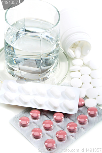 Image of Different pills and glass of water.