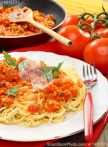 Image of Spaghetti with tomato sauce.