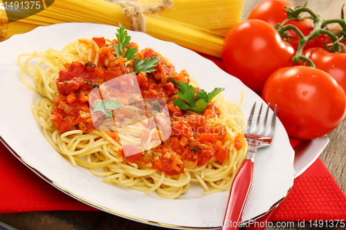 Image of Spaghetti with tomato sauce.