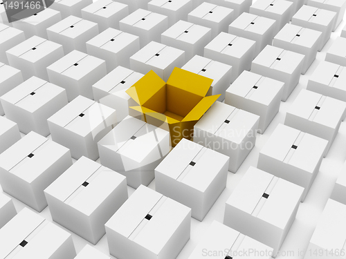 Image of 3d rendering of a lot of cardboard boxes where a single box is o