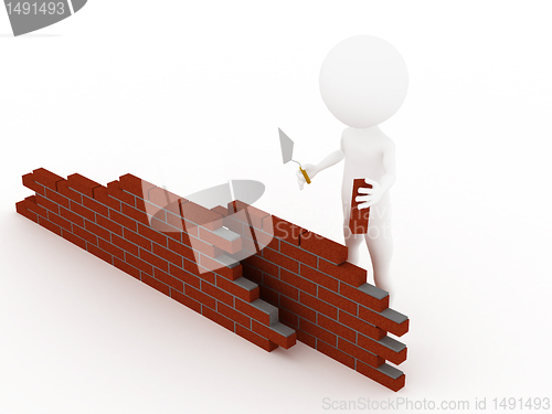 Image of 3d man in a hardhat building brick wall 