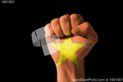 Image of Fist painted in colors of vietnam flag