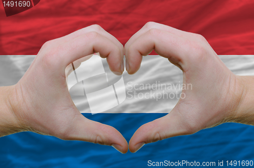 Image of Heart and love gesture showed by hands over flag of holland back