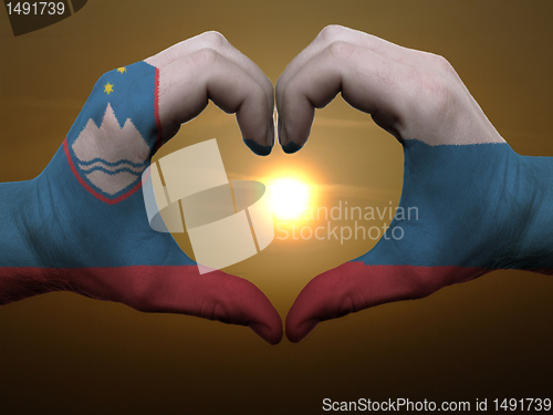 Image of Heart and love gesture by hands colored in slovenia flag during 