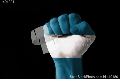 Image of Fist painted in colors of el salvador flag