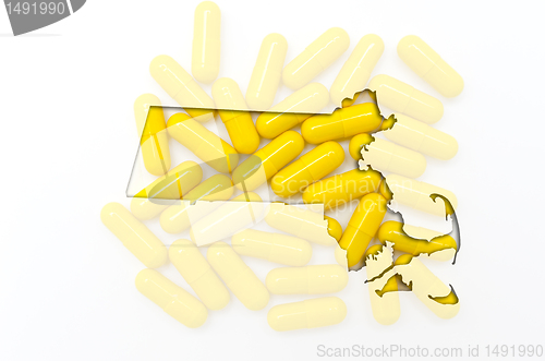 Image of Outline map of Massachusetts with transparent pills in the backg