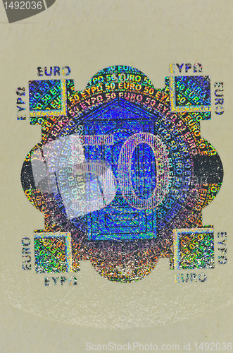 Image of hologram protection on 50 euro banknote