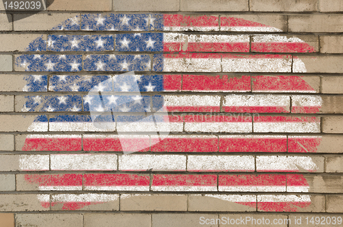 Image of flag of USA on grunge brick wall painted with chalk  