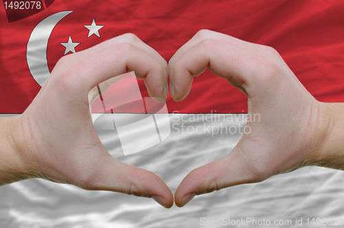 Image of Heart and love gesture showed by hands over flag of singapore ba