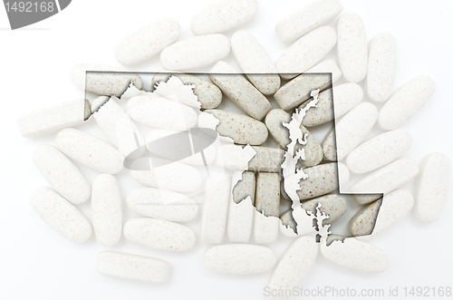 Image of Outline map of maryland with transparent pills in the background