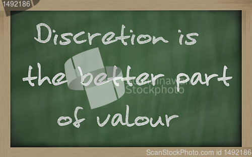 Image of " Discretion is the better part of valour " written on a blackbo