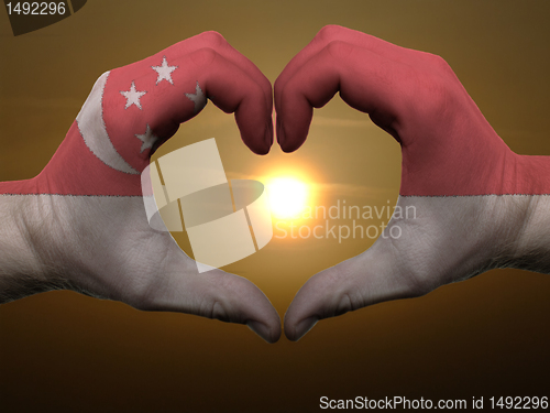 Image of Heart and love gesture by hands colored in singapore flag during