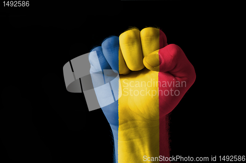 Image of Fist painted in colors of romania flag