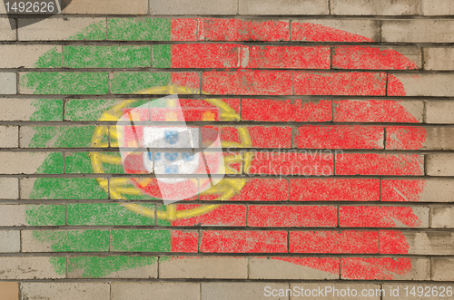 Image of flag of Portugal on grunge brick wall painted with chalk  