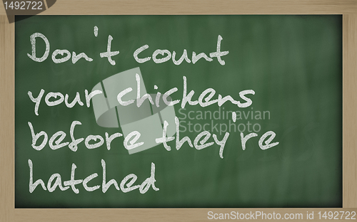 Image of " Don't count your chickens before they're hatched " written on 