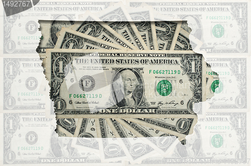 Image of Outline map of Iowa with transparent american dollar banknotes i