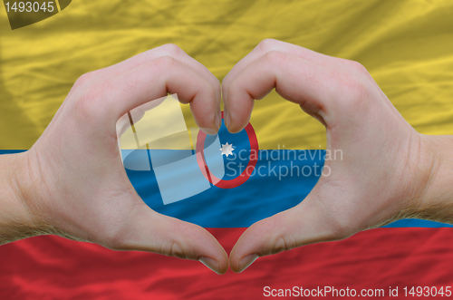 Image of Heart and love gesture showed by hands over flag of columbia bac