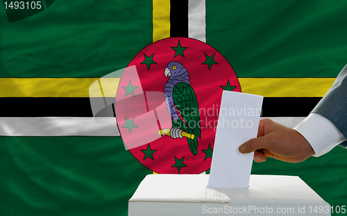 Image of man voting on elections in dominica in front of flag