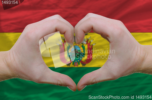 Image of Heart and love gesture showed by hands over flag of bolivia back