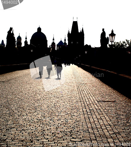 Image of silhouette on the Charles bridge and statues