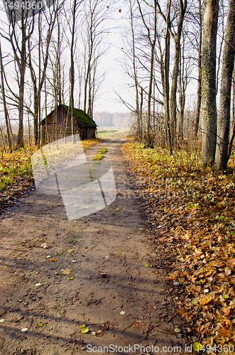 Image of Gravel road, abandoned house and autumn trees.