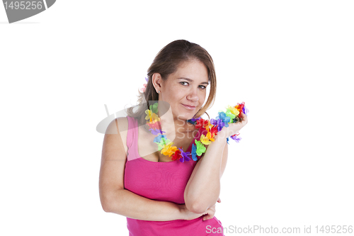 Image of Happy woman with a Garland