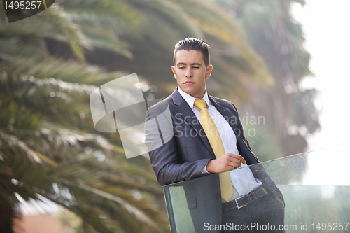 Image of Modern businessman at the office balcony