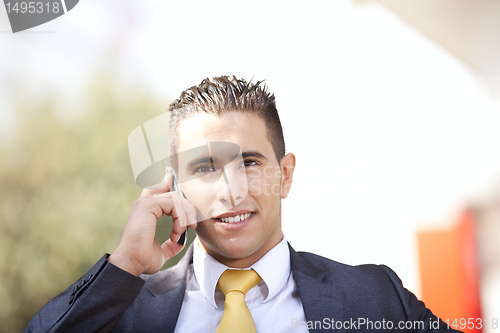 Image of Happy businessman talking at his cellphone