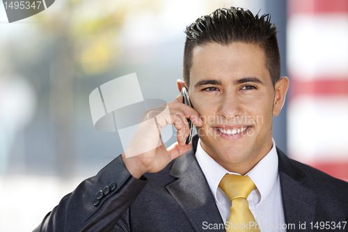 Image of Happy businessman talking at his cellphone