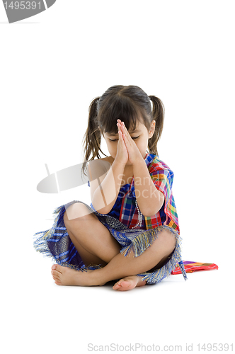 Image of cute kid with hand folded, isolated on white background