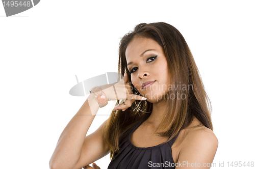 Image of young woman with call me sign