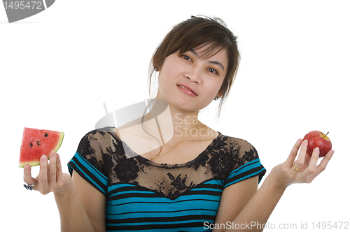 Image of woman with water melon and apple