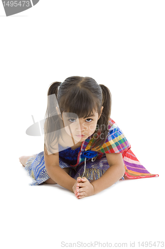 Image of cute kid with hand folded, isolated on white background