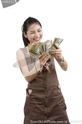 Image of pretty woman happy with lots of money